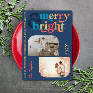 Cartes Pour Fêtes Annuelles Colorful Retro Merry & Bright Christmas 2 Photos