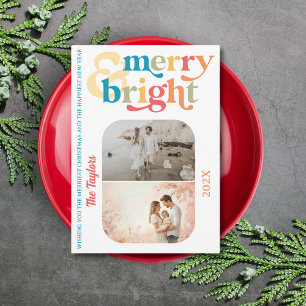 Cartes Pour Fêtes Annuelles Colorful Retro Merry & Bright Christmas 2 Photos