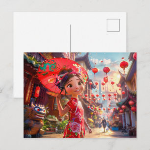 Cartes Pour Fêtes Annuelles Comic Girl avec parasol dans la scène ensoleillée