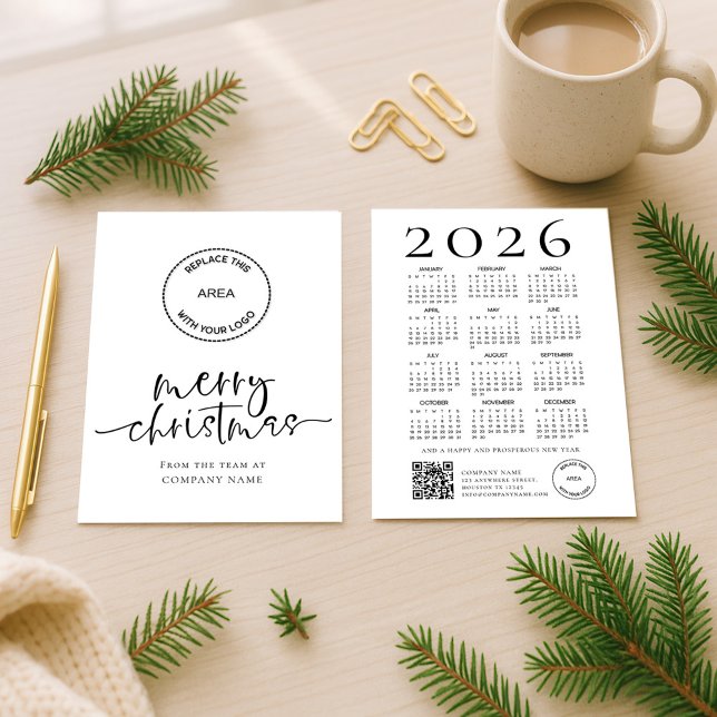 Cartes Pour Fêtes Annuelles Company Logo 2026 calendar QR code Merry Christmas (Front and back view)
