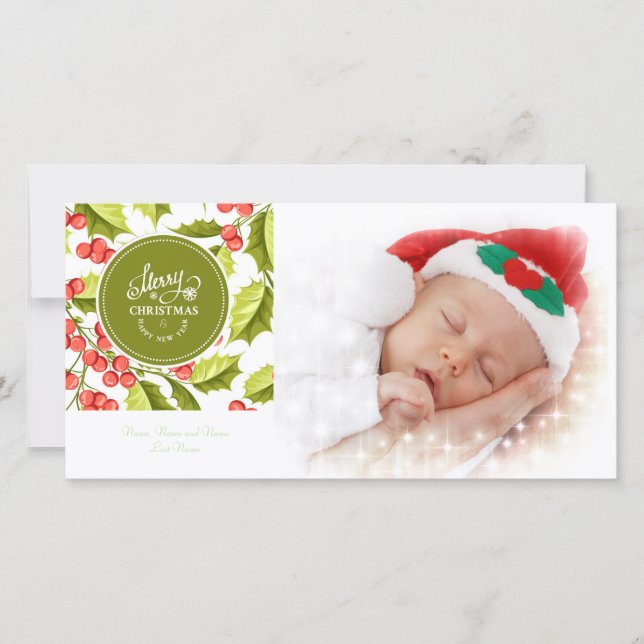 Cartes Pour Fêtes Annuelles Conception traditionnelle Holly Joyeux Noël Photo (Devant)