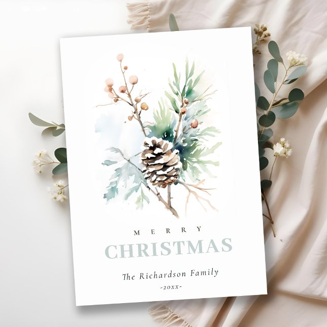 Cartes Pour Fêtes Annuelles Cône de pin aquarelle baies d'hiver Noël (Créateur téléchargé)