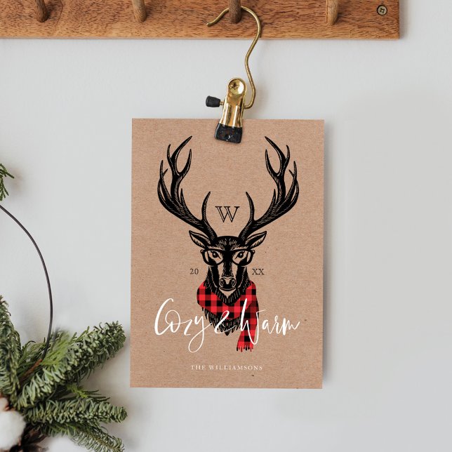Cartes Pour Fêtes Annuelles Confortable & Chaud | Monogramme Rennes à carreaux (Cozy & Warm | Red Buffalo Plaid Reindeer Monogram Holiday Card)