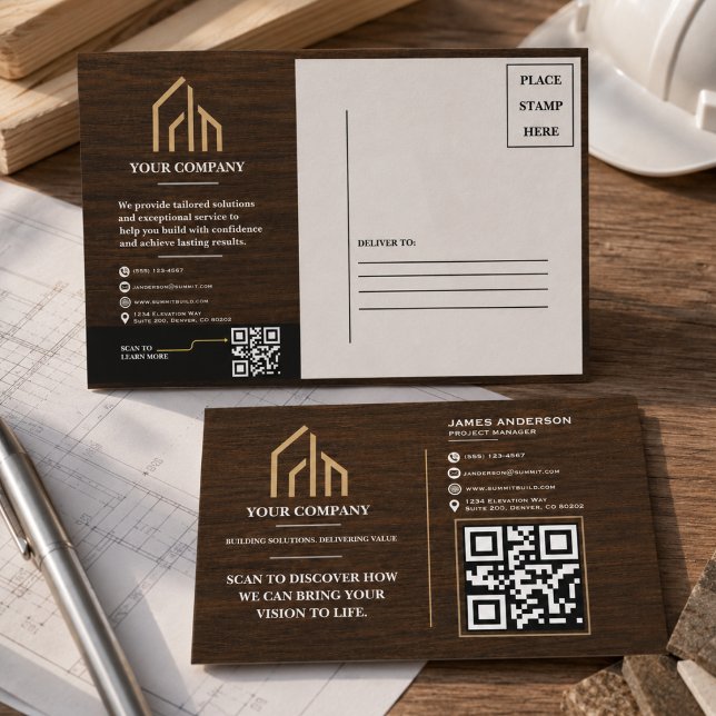 Cartes Pour Fêtes Annuelles Construction de code QR à grain de bois moderne (Modern Wood Grain QR Code Construction Holiday Postcard
)