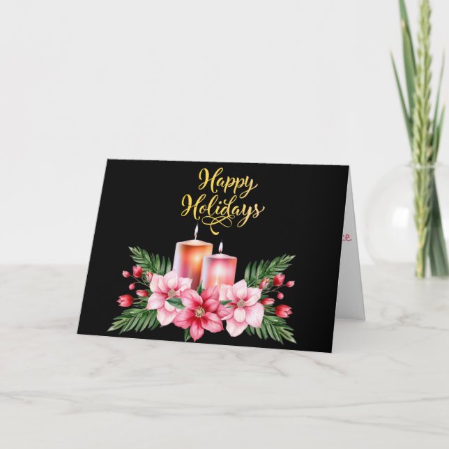 Cartes Pour Fêtes Annuelles Contemporain Noir Joyeux Vacances Floral Bougie (Devant)