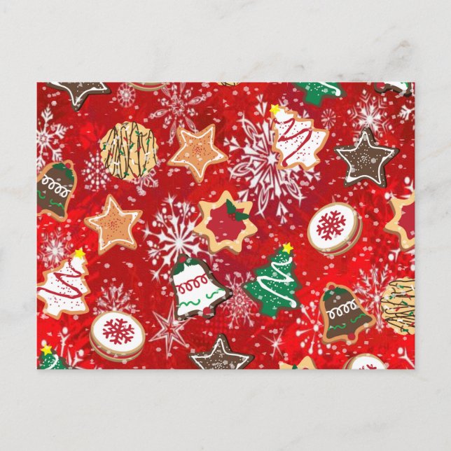 Cartes Pour Fêtes Annuelles Cookies de Noël et flocons de neige en rouge (Devant)