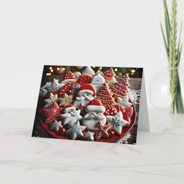 Cartes Pour Fêtes Annuelles Cookies De Sucre De Noël Sur Plateau Rouge (Devant)