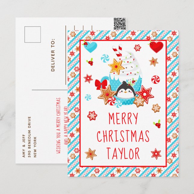 Cartes Pour Fêtes Annuelles Cookies et cacao Bleu Joyer Noël (Devant / Derrière)