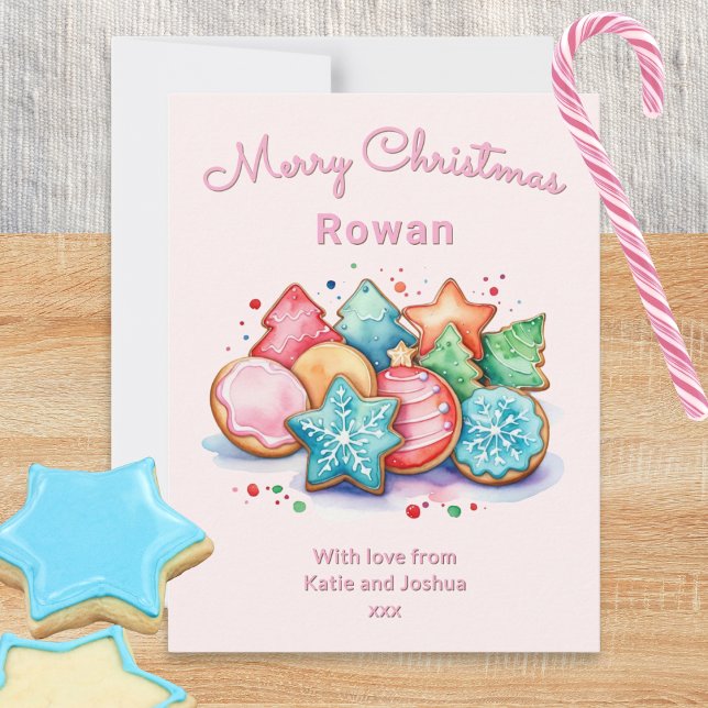Cartes Pour Fêtes Annuelles Cookies glacés Festifs Roses Personnalisé Noël (A cute personalized Christmas card in pastel pink with festive cookies picture in a watercolor style)
