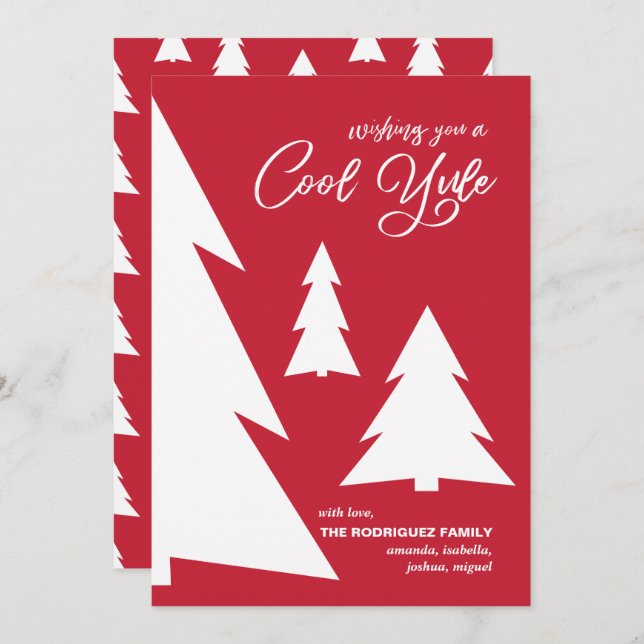 Cartes Pour Fêtes Annuelles Cool blanc rouge moderne Yule Script Arbres géomét (Devant / Derrière)