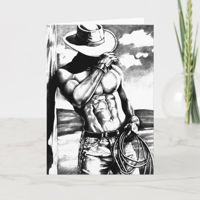 Cartes Pour Fêtes Annuelles cool masculin dessin d'art fin cowboy bodybuilder (Devant)
