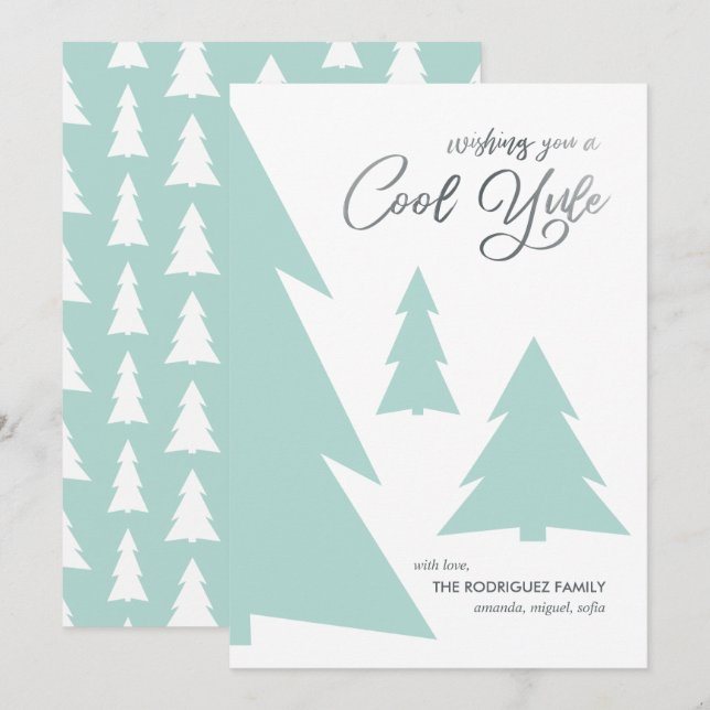 Cartes Pour Fêtes Annuelles Cool moderne Yule Script Mint Green Trees (Devant / Derrière)
