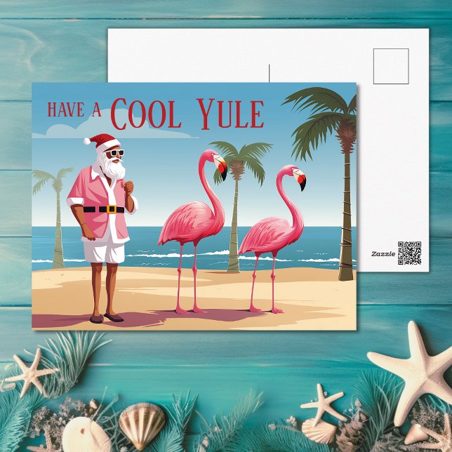 Cartes Pour Fêtes Annuelles Cool Yule Père Noël et Flamants roses Beach Noël (Cool Yule Santa and Flamingos Beach Christmas Holiday Postcard)