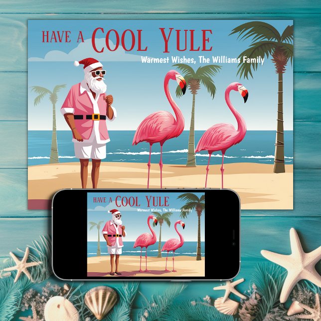 Cartes Pour Fêtes Annuelles Cool Yule Père Noël et Flamants roses Beach Noël (Printed and Digital - Cool Yule Santa and Flamingos Beach Christmas Holiday Card)