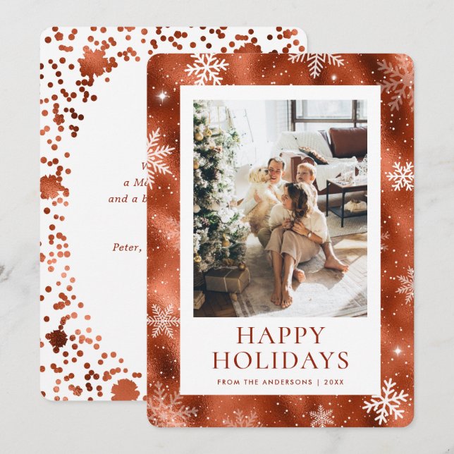 Cartes Pour Fêtes Annuelles Copper Happy Holidays Snowflake Photo Neige (Devant / Derrière)