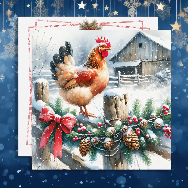 Cartes Pour Fêtes Annuelles Coq aquarelle sur la clôture après Noël (Créateur téléchargé)