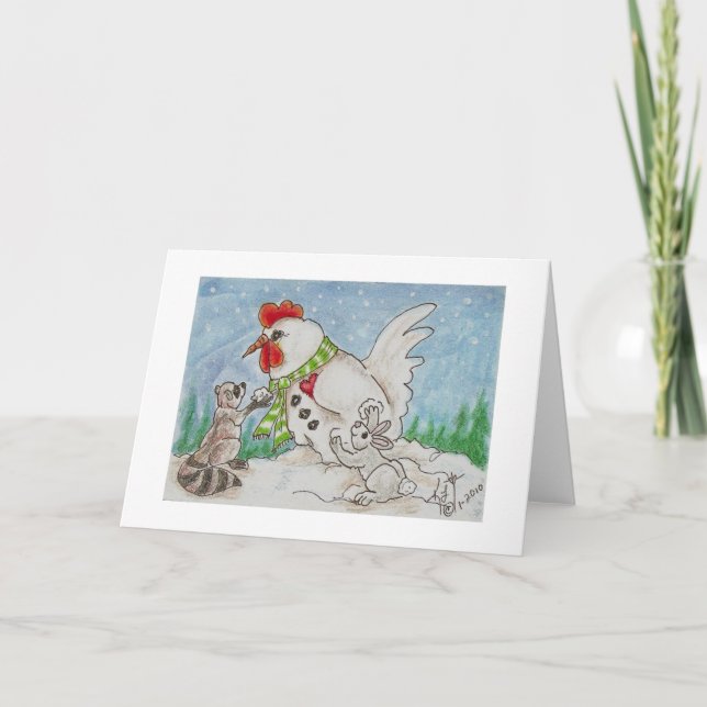 Cartes Pour Fêtes Annuelles Coq de bonhomme de neige, raton laveur et amis de (Devant)