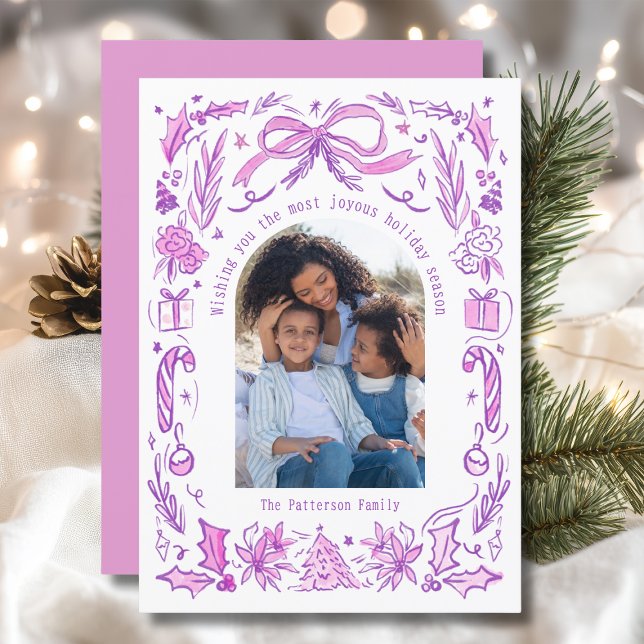 Cartes Pour Fêtes Annuelles Coquette Famille de Noël Photo Doodle rose violet (Créateur téléchargé)