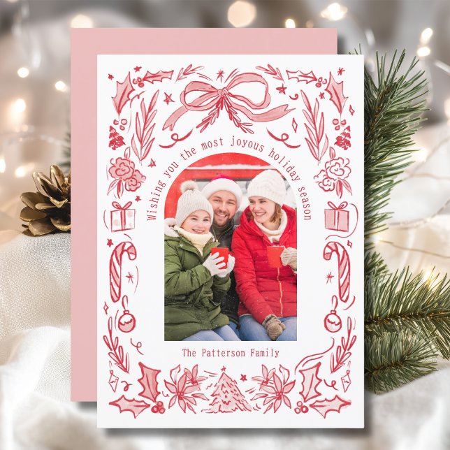 Cartes Pour Fêtes Annuelles Coquette Famille de Noël Photo Doodle rouge (Créateur téléchargé)