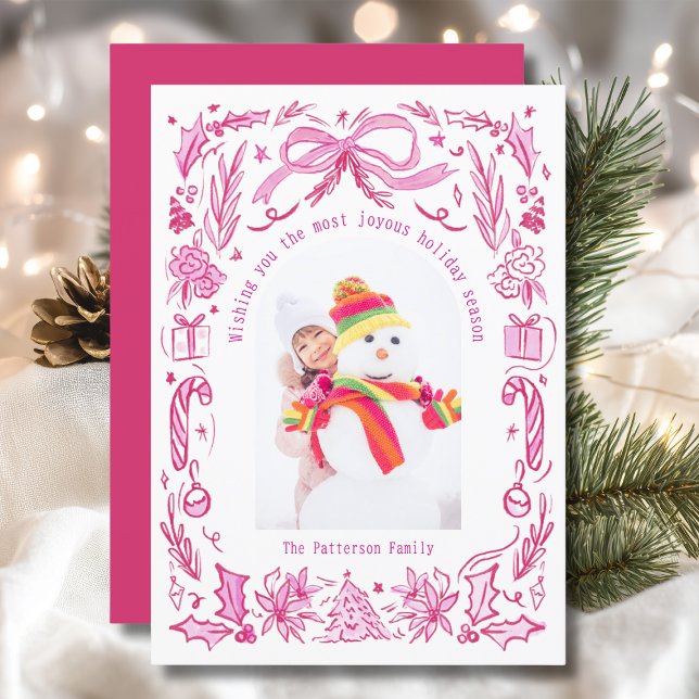 Cartes Pour Fêtes Annuelles Coquette Famille de Noël Photo Red Pink Doodle (Créateur téléchargé)