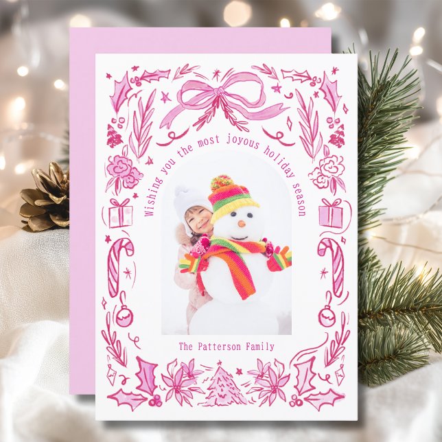 Cartes Pour Fêtes Annuelles Coquette Famille de Noël Photo Red Pink Doodle (Créateur téléchargé)