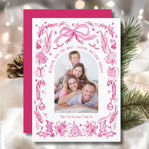 Cartes Pour Fêtes Annuelles Coquette Famille de Noël Photo Red Pink Doodle