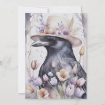 Corbeau Crow avec chapeau et fleurs Watercolor