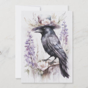 Cartes Pour Fêtes Annuelles Corbeau Crow avec chapeau et fleurs Watercolor