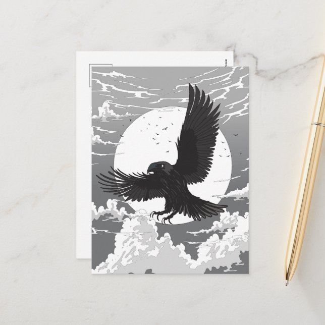 Cartes Pour Fêtes Annuelles Corbeau et Lune (Devant/Arrière en situation)
