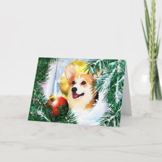 Cartes Pour Fêtes Annuelles Corgi gallois de vacances dans la fenêtre d'hiver
