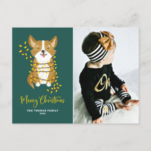 Cartes Pour Fêtes Annuelles Corgi mignon aux lumières à cordes Joyeux Noël Pho