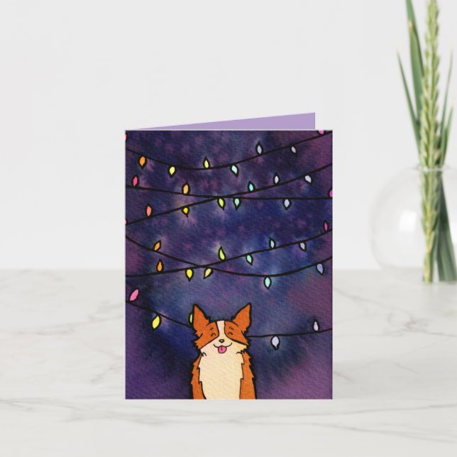 Cartes Pour Fêtes Annuelles Corgi mignon avec lumières festives aquarelle (Devant)