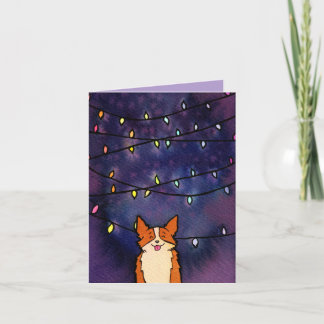 Cartes Pour Fêtes Annuelles Corgi mignon avec lumières festives aquarelle