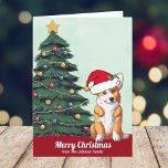 Cartes Pour Fêtes Annuelles Corgi sur mesure dans l'arbre de Noël de Santa Hat<br><div class="desc">Ce beau chien de Pembroke Welsh Corgi a la tête inclinée à l'intérieur d'un mignon casquette du Père Noël. Le chiot est assis devant un joli sapin de Noël orné de décorations colorées. Joyeux Noël est écrit sur le devant en joli cursive sur cette carte de vacances propriétaire d'animal de...</div>