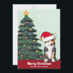 Cartes Pour Fêtes Annuelles Corgi Tricolor mignon avec queue de Noël personnal<br><div class="desc">Ce beau tricolore Pembroke Welsh Corgi a la tête inclinée à l'intérieur d'un mignon casquette du Père Noël. Le chiot avec une queue est assis devant un joli sapin de Noël décoré d'ornements colorés. Joyeux Noël est écrit sur le devant en joli cursive sur cette carte de vacances propriétaire d'animal...</div>