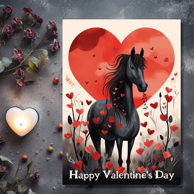 Cartes Pour Fêtes Annuelles Corse et Coeurs noirs mignons Saint Valentin (Front - Cute Black Horse and Hearts Valentine's Day Holiday Card)