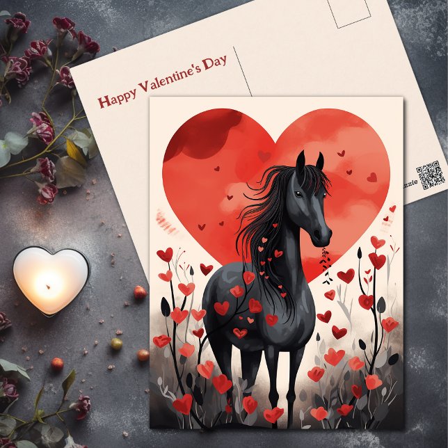 Cartes Pour Fêtes Annuelles Corse et Coeurs noirs mignons Saint Valentin (Cute Black Horse and Hearts Valentine's Day Holiday Postcard)