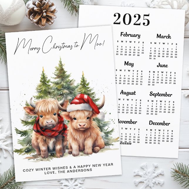 Cartes Pour Fêtes Annuelles Cosy Highland Cow 2025 Calendrier Joyeux Noël (Créateur téléchargé)