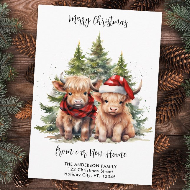 Cartes Pour Fêtes Annuelles Cosy Highland Cow Nouvelle adresse Christmas Movin (Créateur téléchargé)