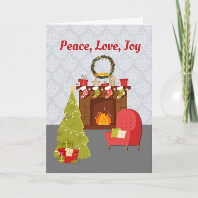 Cartes Pour Fêtes Annuelles Cosy Living Room, Christmas, Peace Love Joy (Devant)