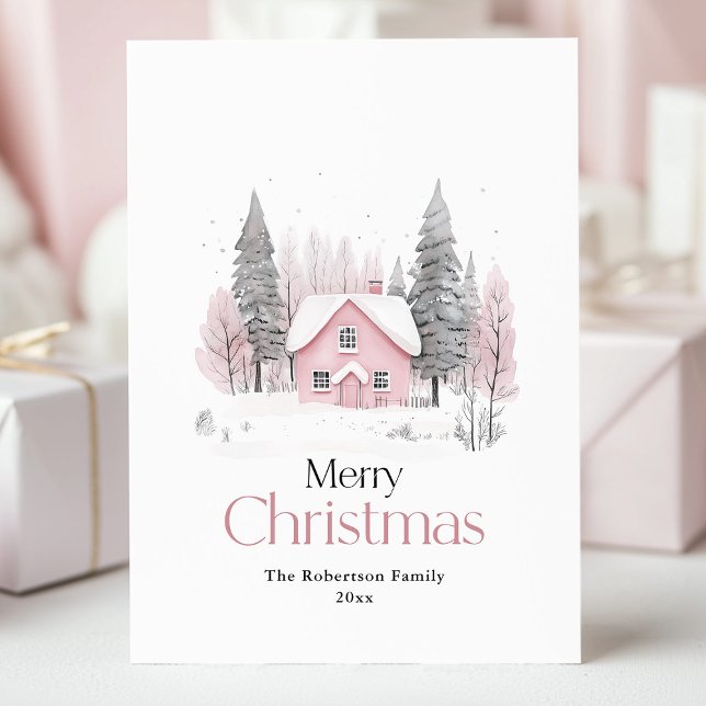 Cartes Pour Fêtes Annuelles Cottage d'hiver rose Noël (Créateur téléchargé)