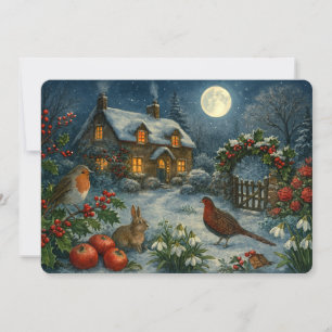Cartes Pour Fêtes Annuelles Cottage sur une nuit de Noël enneigée au clair de