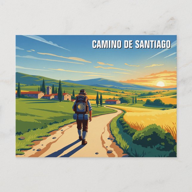 Cartes Pour Fêtes Annuelles Coucher de soleil de Camino de Santiago Hiker (Devant)