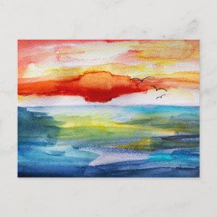 Cartes Pour Fêtes Annuelles Coucher de soleil sur la mer dans le style aquarel