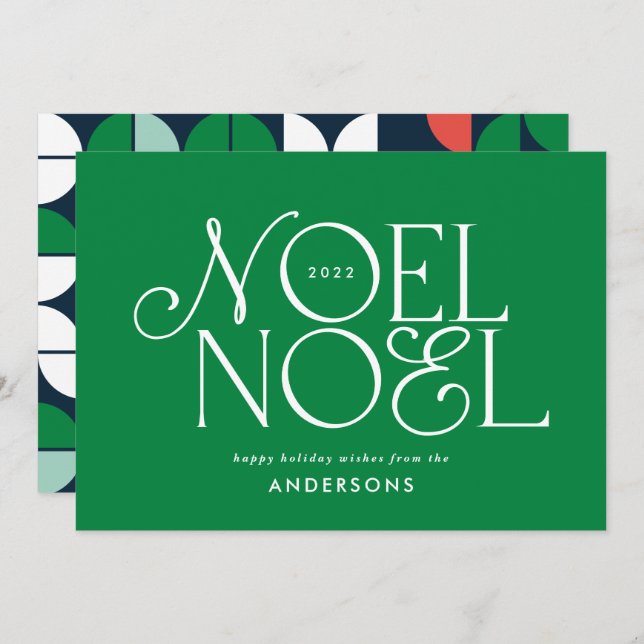 Cartes Pour Fêtes Annuelles Couleur brillant Noel Noël script géométrique H (Devant / Derrière)