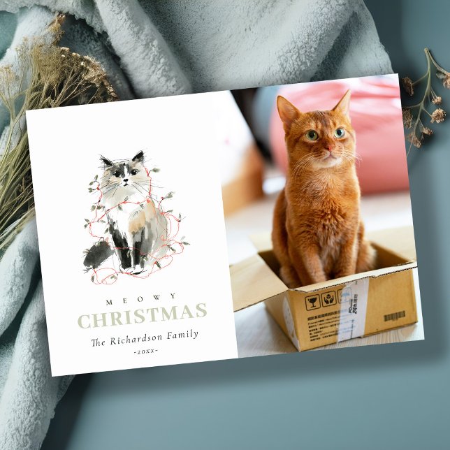 Cartes Pour Fêtes Annuelles Couleur d'aquarelle Meowy Feux de Noël Chat (Créateur téléchargé)