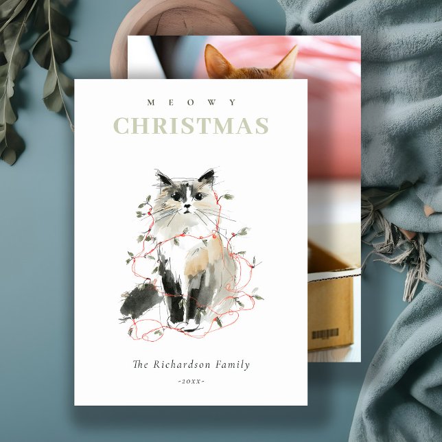 Cartes Pour Fêtes Annuelles Couleur d'aquarelle Meowy Feux de Noël Chat (Créateur téléchargé)