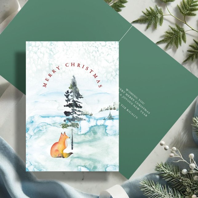 Cartes Pour Fêtes Annuelles Couleur d'eau rouge et renard vert doux Noël (Cute Christmas cards watercolor fox and pine tree art by Victoria Grigaliunas Do Tell A Belle)