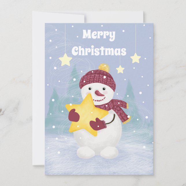 Cartes Pour Fêtes Annuelles Couleurs pastel mignonnes Snowman Tenant une étoil (Devant)