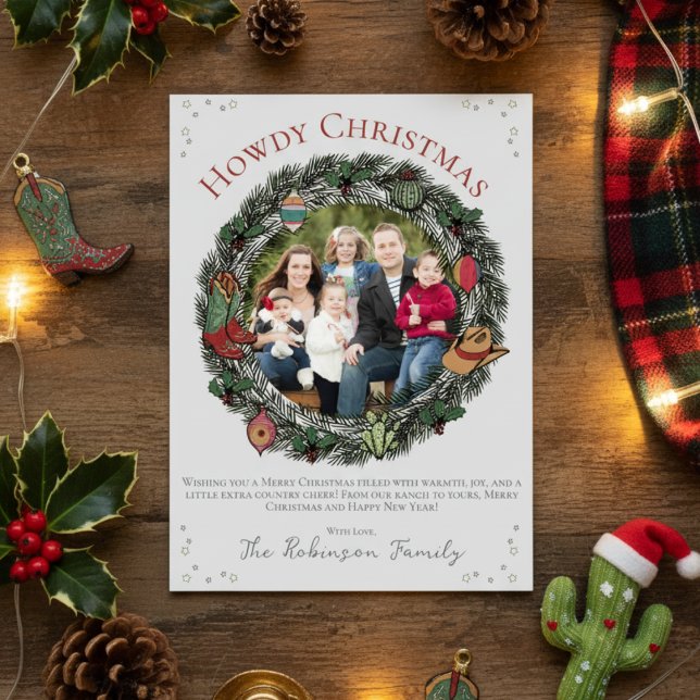 Cartes Pour Fêtes Annuelles Country Christmas Wreath Family Photo (Festive Western Christmas Holiday Card with Family Photo. Pine Wreath, Cowboy Boots, Hat, Ornaments)